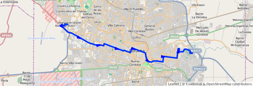 Mapa del recorrido 4 de la línea E (Celeste) en Municipio de Córdoba.