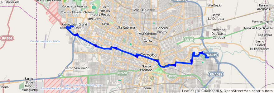 Mapa del recorrido 4 de la línea E (Celeste) en Córdoba.