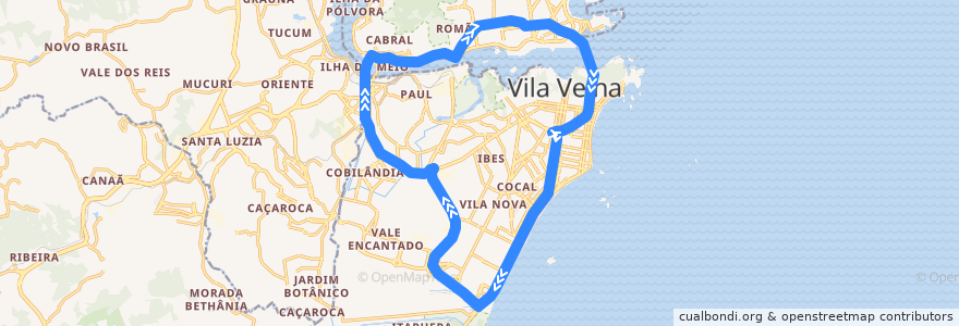 Mapa del recorrido 557 Terminal Vila Velha/Vitória de la línea  en Região Metropolitana da Grande Vitória.