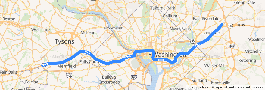 Mapa del recorrido WMATA Orange Line: Vienna/Fairfax–GMU → New Carrollton de la línea  en Соединённые Штаты Америки.