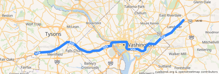 Mapa del recorrido WMATA Orange Line: Vienna/Fairfax–GMU → New Carrollton de la línea  en ایالات متحده آمریکا.
