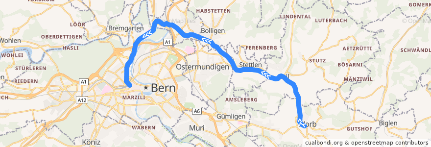 Mapa del recorrido S7: Worb Dorf => Bern RBS de la línea  en Verwaltungskreis Bern-Mittelland.