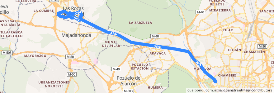 Mapa del recorrido Bus 621: Las Rozas → Madrid (Moncloa) de la línea  en Comunidade de Madrid.