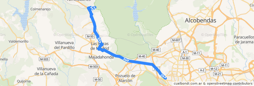 Mapa del recorrido Bus 622: Las Matas → Las Rozas → Madrid (Moncloa) de la línea  en Comunidad de Madrid.