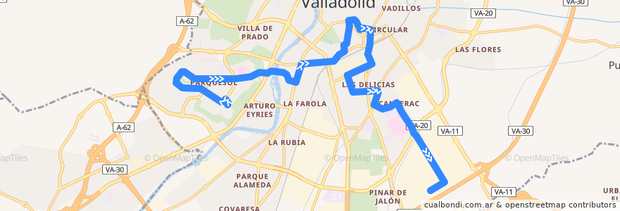 Mapa del recorrido Bus 9: Parquesol => Pol. San Cristóbal de la línea  en Valladolid.