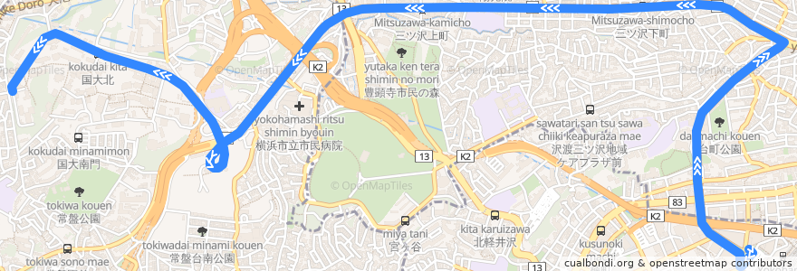 Mapa del recorrido 市バス 急行329系統(横浜駅西口-横浜国大) de la línea  en 横浜市.