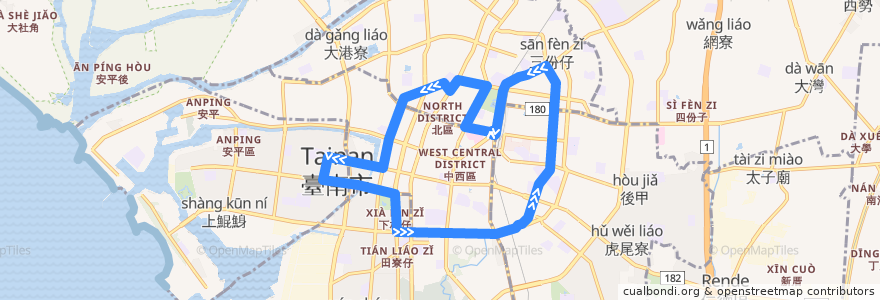 Mapa del recorrido 0右路(正線) de la línea  en 臺南市.