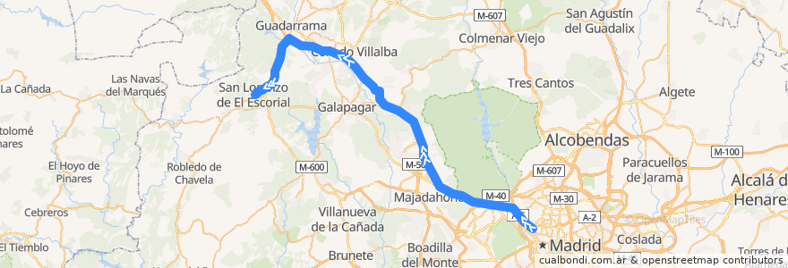 Mapa del recorrido Bus 664: Madrid (Moncloa) → Guadarrama → San Lorenzo de El Escorial de la línea  en Comunidad de Madrid.