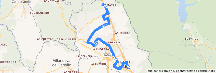 Mapa del recorrido Bus 625A: Las Rozas → Monte Rozas → El Encinar de la línea  en Las Rozas de Madrid.