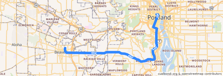 Mapa del recorrido Bus 54: Portland => Beaverton Transit Center de la línea  en オレゴン州.