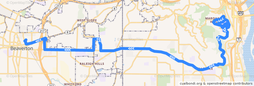 Mapa del recorrido Bus 61: Marquam Hill => Beaverton Transit Center de la línea  en 俄勒冈州/俄勒岡州.