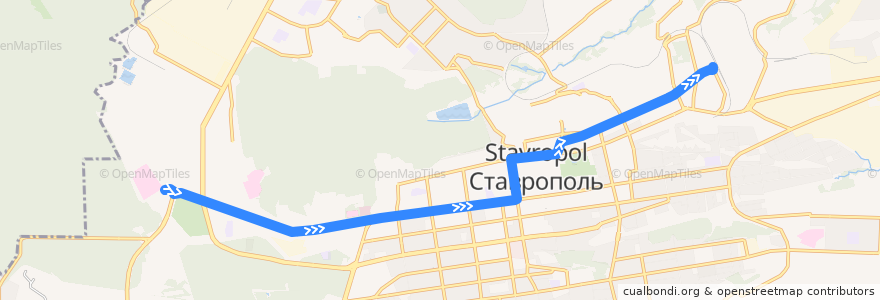 Mapa del recorrido 1 Троллейбус: СТАВНИИГиМ - Ж.Д. Вокзал de la línea  en городской округ Ставрополь.