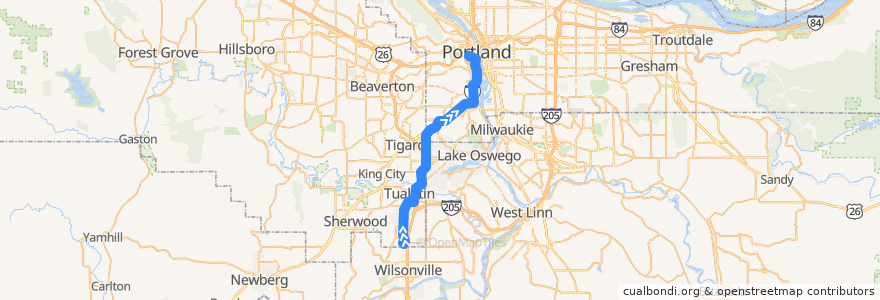 Mapa del recorrido Bus 96: Tualatin => Portland de la línea  en 俄勒冈州/俄勒岡州.