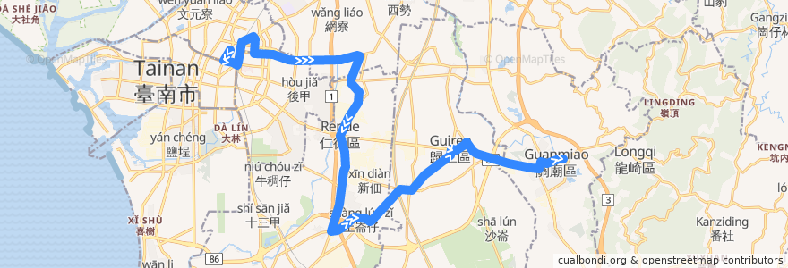 Mapa del recorrido 紅2(往關廟_往程) de la línea  en 臺南市.