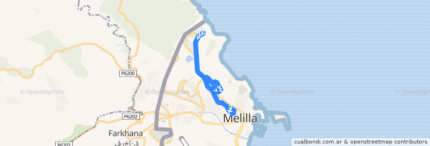 Mapa del recorrido Línea 5 (Vuelta) de la línea  en Melilla.