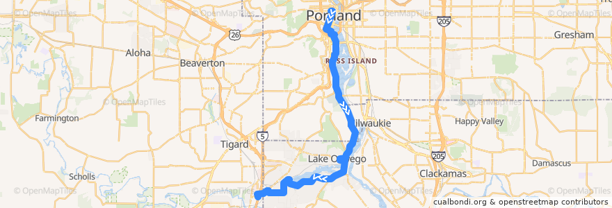 Mapa del recorrido Bus 36: Portland => Tualatin de la línea  en 俄勒冈州/俄勒岡州.