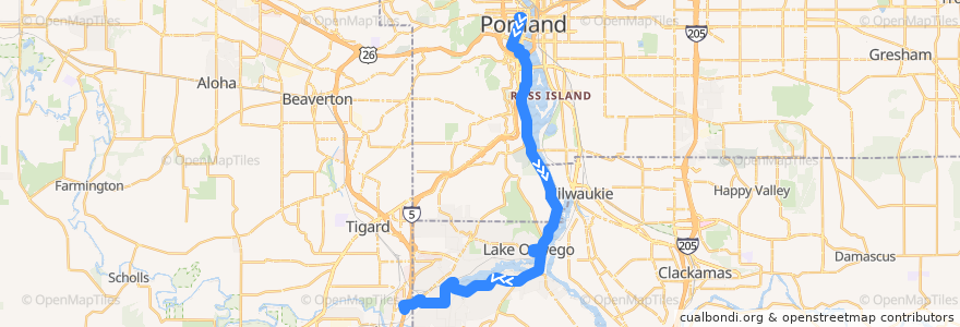 Mapa del recorrido Bus 36: Portland => Tualatin de la línea  en Oregon.