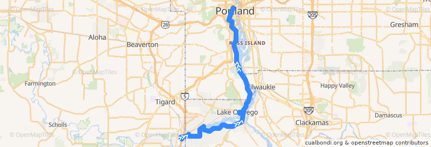 Mapa del recorrido Bus 36: Tualatin => Portland de la línea  en أوريغون.