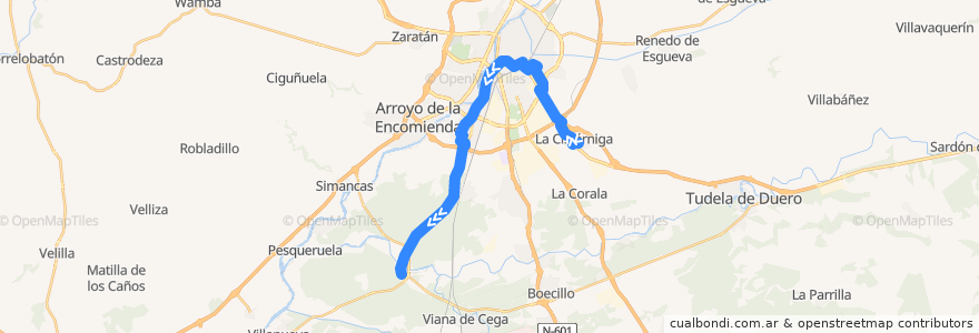 Mapa del recorrido Bus 18: La Cistérniga => Puente Duero de la línea  en Valladolid.