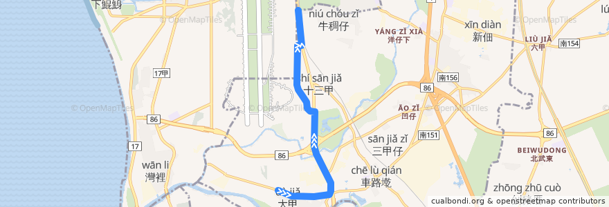 Mapa del recorrido 5路(往大甲里_返程) de la línea  en Distretto di Rende.