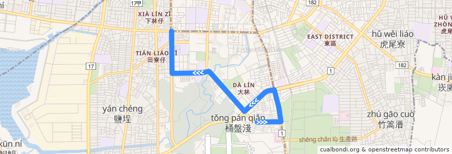 Mapa del recorrido 18路(延駛國民路_往程) de la línea  en 臺南市.