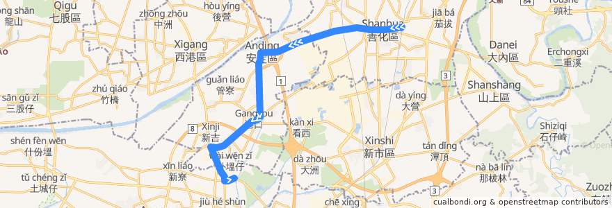 Mapa del recorrido 橘3(正線_往程) de la línea  en 臺南市.