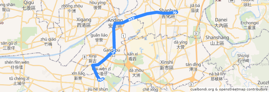 Mapa del recorrido 橘3(正線_返程) de la línea  en 臺南市.