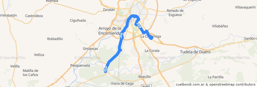 Mapa del recorrido Bus 19: Puente Duero => La Cistérniga de la línea  en Valladolid.