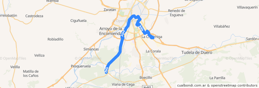 Mapa del recorrido Bus 19: La Cistérniga => Puente Duero de la línea  en Вальядолид.