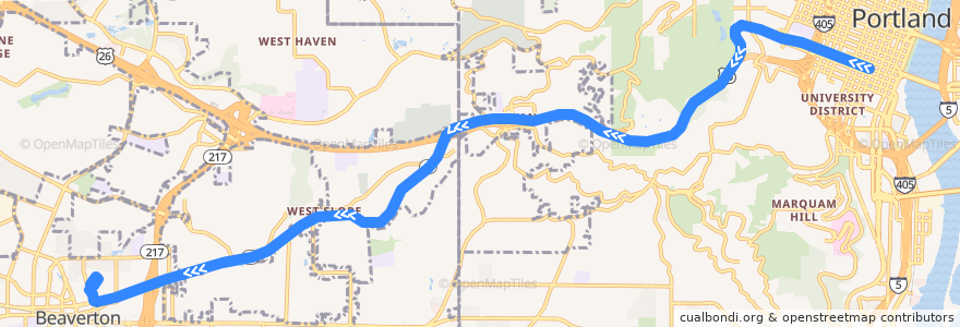 Mapa del recorrido Bus 58: Portland => Beaverton Transit Center de la línea  en Oregon.