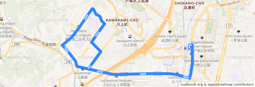 Mapa del recorrido 東戸塚15系統 de la línea  en 戸塚区.