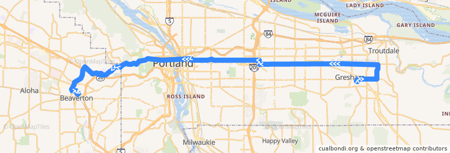 Mapa del recorrido Bus 20: Gresham Transit Center => Beaverton Transit Center de la línea  en 俄勒冈州/俄勒岡州.