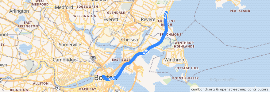 Mapa del recorrido MBTA Blue Line: Wonderland → Bowdoin de la línea  en Suffolk County.