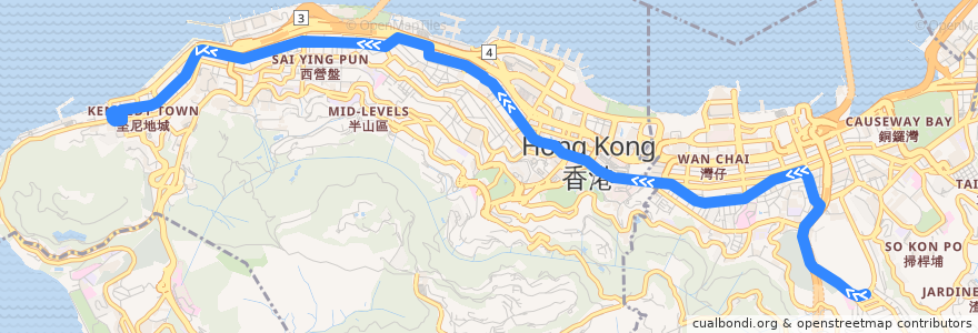 Mapa del recorrido 跑馬地 → 堅尼地城 Happy Valley → Kennedy Town de la línea  en Pulau Hong Kong.