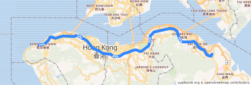 Mapa del recorrido 堅尼地城 → 筲箕灣 Kennedy Town → Shau Kei Wan de la línea  en Pulau Hong Kong.