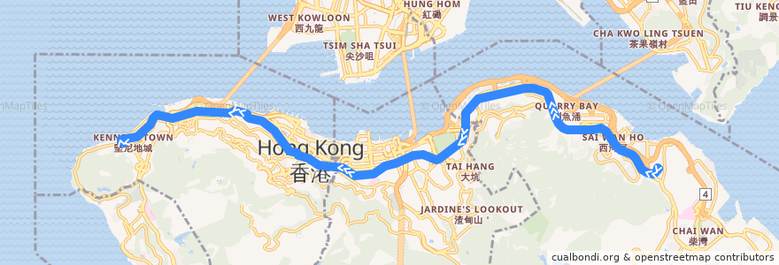 Mapa del recorrido 筲箕灣 → 堅尼地城 Shau Kei Wan → Kennedy Town de la línea  en Hong Kong Island.