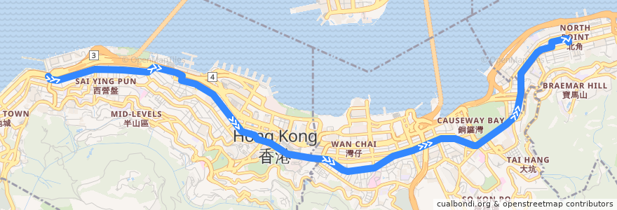 Mapa del recorrido 石塘咀 → 北角 Shek Tong Tsui → North Point de la línea  en Ilha de Hong Kong.