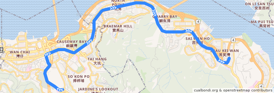 Mapa del recorrido 跑馬地 → 筲箕灣 Happy Valley → Shau Kei Wan de la línea  en Гонконг (остров).