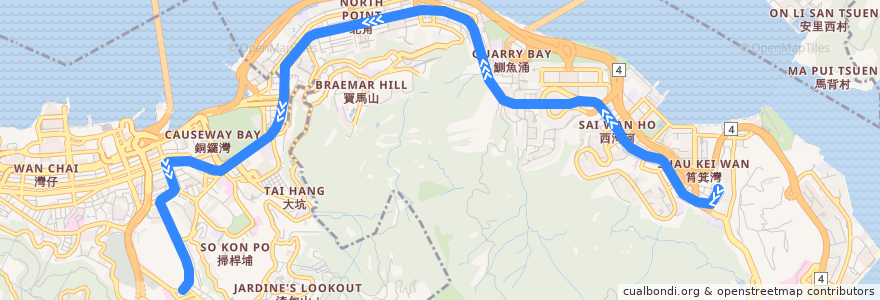 Mapa del recorrido 筲箕灣 → 跑馬地 Shau Kei Wan → Happy Valley de la línea  en 香港島 Hong Kong Island.