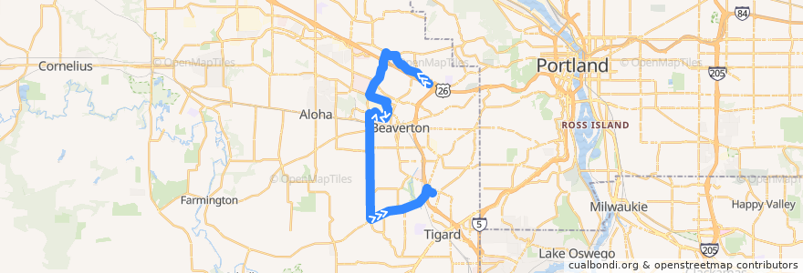 Mapa del recorrido Bus 62: Sunset Transit Center => Washington Square Transit Center de la línea  en Beaverton.