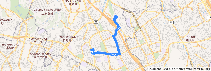 Mapa del recorrido 横浜市バス 217系統 港南台駅前-宮田橋・日野中央2丁目(循環) de la línea  en Конан.