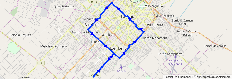 Mapa del recorrido 41 de la línea Sur en Partido de La Plata.