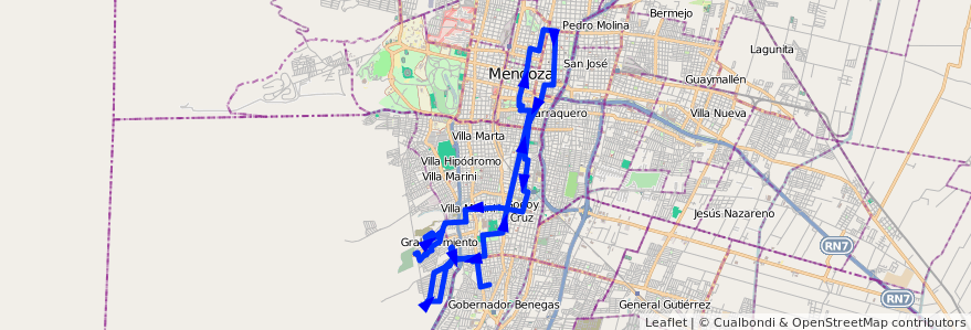 Mapa del recorrido 41 - Foecyt - Sarmiento por San Martin - Estanzuela por Plaza Godoy Cruz -Ruiseñor de la línea G04 en Mendoza.