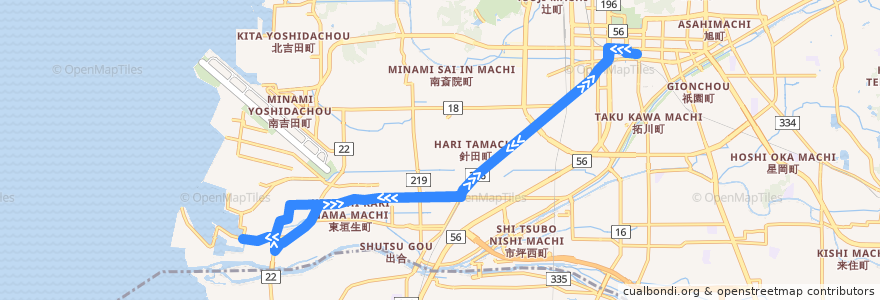 Mapa del recorrido 今出線 de la línea  en 松山市.