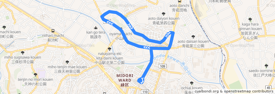 Mapa del recorrido 横浜市バス 74系統 中山駅北口-小山町・谷津田原住宅前(一方循環) de la línea  en 緑区.