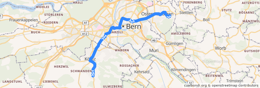 Mapa del recorrido Bus 10: Köniz Schliern => Ostermundigen Rüti [abends] de la línea  en Verwaltungskreis Bern-Mittelland.