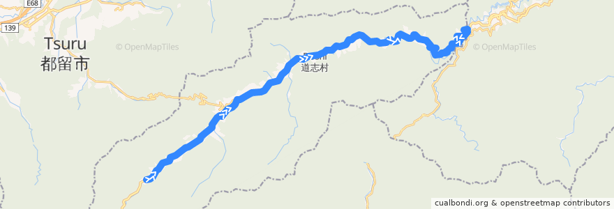 Mapa del recorrido 長又⇔月夜野 de la línea  en 道志村.