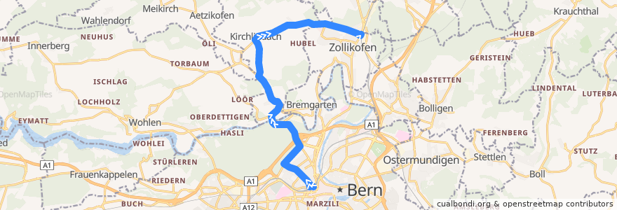 Mapa del recorrido Bus 106: Bern Hauptbahnhof -> Zollikofen Bahnhof de la línea  en Verwaltungskreis Bern-Mittelland.