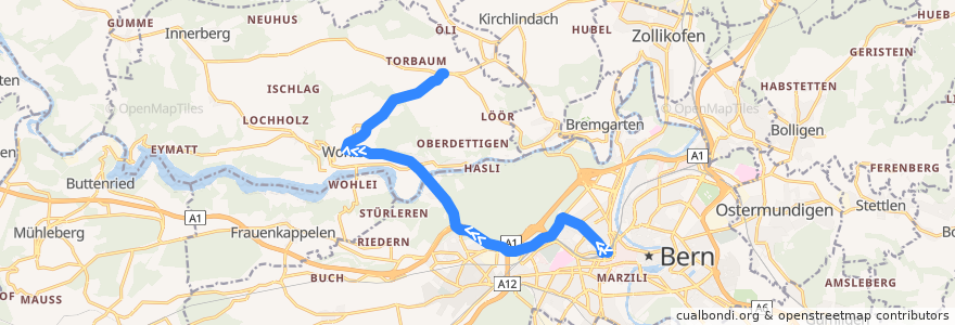 Mapa del recorrido Bus 107: Bern Hauptbahnhof -> Uettligen Dorf de la línea  en Arrondissement administratif de Berne-Mittelland.