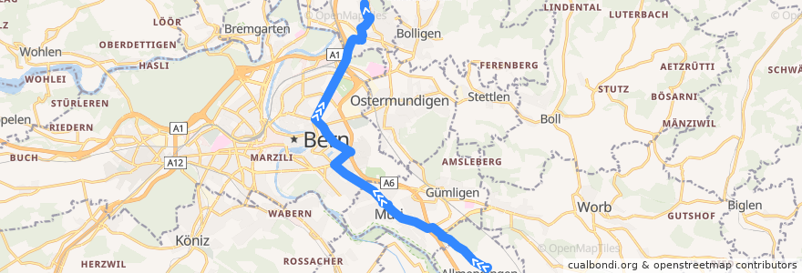 Mapa del recorrido Bus 40: Allmendingen, Käserei => Ittigen, Kappelisacker de la línea  en Verwaltungskreis Bern-Mittelland.